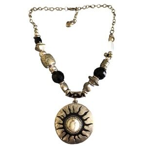 Magnasite Medallion Tribal Boho Sterling Silver Beaded Statement Necklace